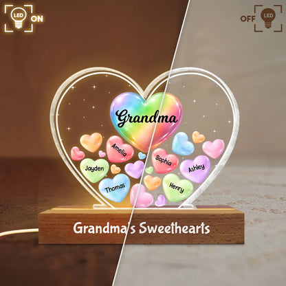 Grandma's Sweethearts In Heart - Personalized Acrylic Block Plaque LED Night Light - Gift For Grandma