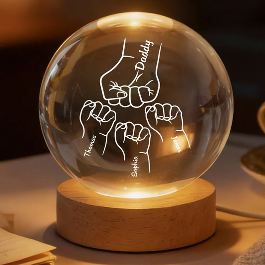 Dad Grandpa Fist Bump Custom Kids Names - Personalized Crystal Ball LED Night Light - Gift For Dad, Grandpa