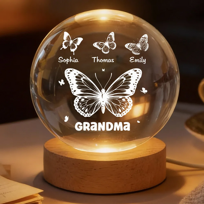 Grandma Mom Butterflies Custom Kids Names - Personalized Crystal Ball LED Night Light - Gift For Grandma, Mom