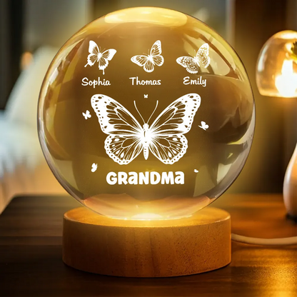 Grandma Mom Butterflies Custom Kids Names - Personalized Crystal Ball LED Night Light - Gift For Grandma, Mom