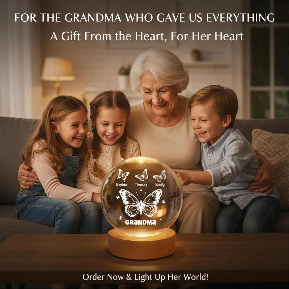 Grandma Mom Butterflies Custom Kids Names - Personalized Crystal Ball LED Night Light - Gift For Grandma, Mom