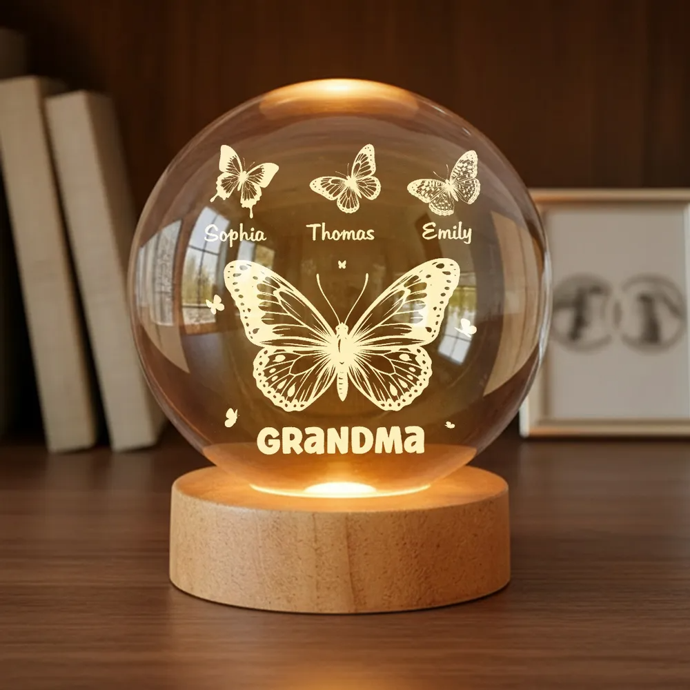 Grandma Mom Butterflies Custom Kids Names - Personalized Crystal Ball LED Night Light - Gift For Grandma, Mom