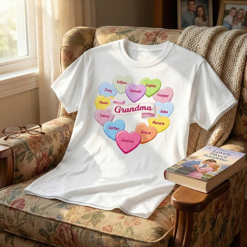 Grandma's Sweethearts Conversation Hearts Grandkids Names Valentine's Day - Personalized Woman Tee