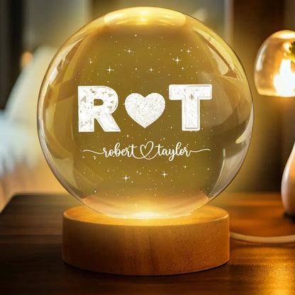 Eternal Love Couple Initial Names - Personalized Crystal Ball LED Night Light - Valentine's Day Gift For Couple, For Her, For Him