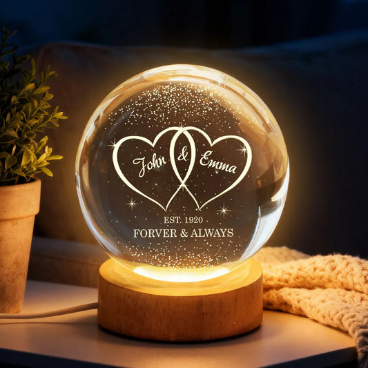 Couple Hearts Interlocked - Personalized Crystal Ball LED Night Light - Heartfelt Valentine's Day Gift for Her, for Him