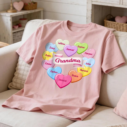 Grandma's Sweethearts Conversation Hearts Grandkids Names Valentine's Day - Personalized Woman Tee