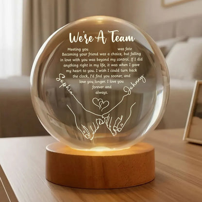 Couple Hands Interlocked We're a Team - Personalized Crystal Ball LED Night Light - Sentimental Valentine's Day Gift for Her, for Him
