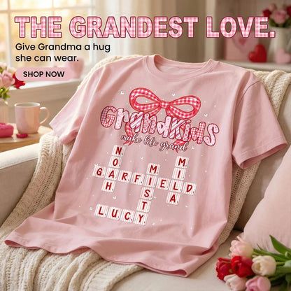 Grandkids Make Life Grand Preppy Valentine Pattern Crossword Puzzle Art - Personalized Women Tee - Valentine's Day Gift For Grandma