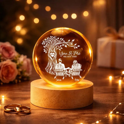 Eternal Love Couple Under Heart Carved Tree - Personalized Crystal Ball LED Night Light - Valentine's Day Gift For Couple
