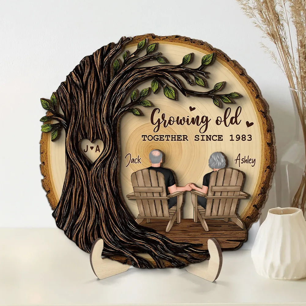 Couple Sitting Under Heart Carved Tree - Personalized 2-Layered Wooden Plaque - Valentine's Day Gift For Couple