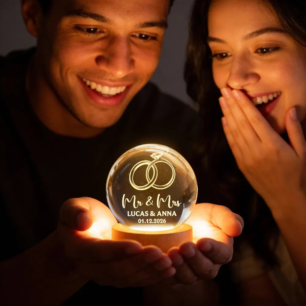 Couple Wedding Rings Interlocked - Personalized Crystal Ball LED Night Light - Heartfelt Valentine's Day Gift for Her, for Him, Wedding Anniversary Gift
