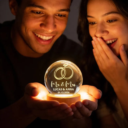 Couple Wedding Rings Interlocked - Personalized Crystal Ball LED Night Light - Heartfelt Valentine's Day Gift for Her, for Him, Wedding Anniversary Gift