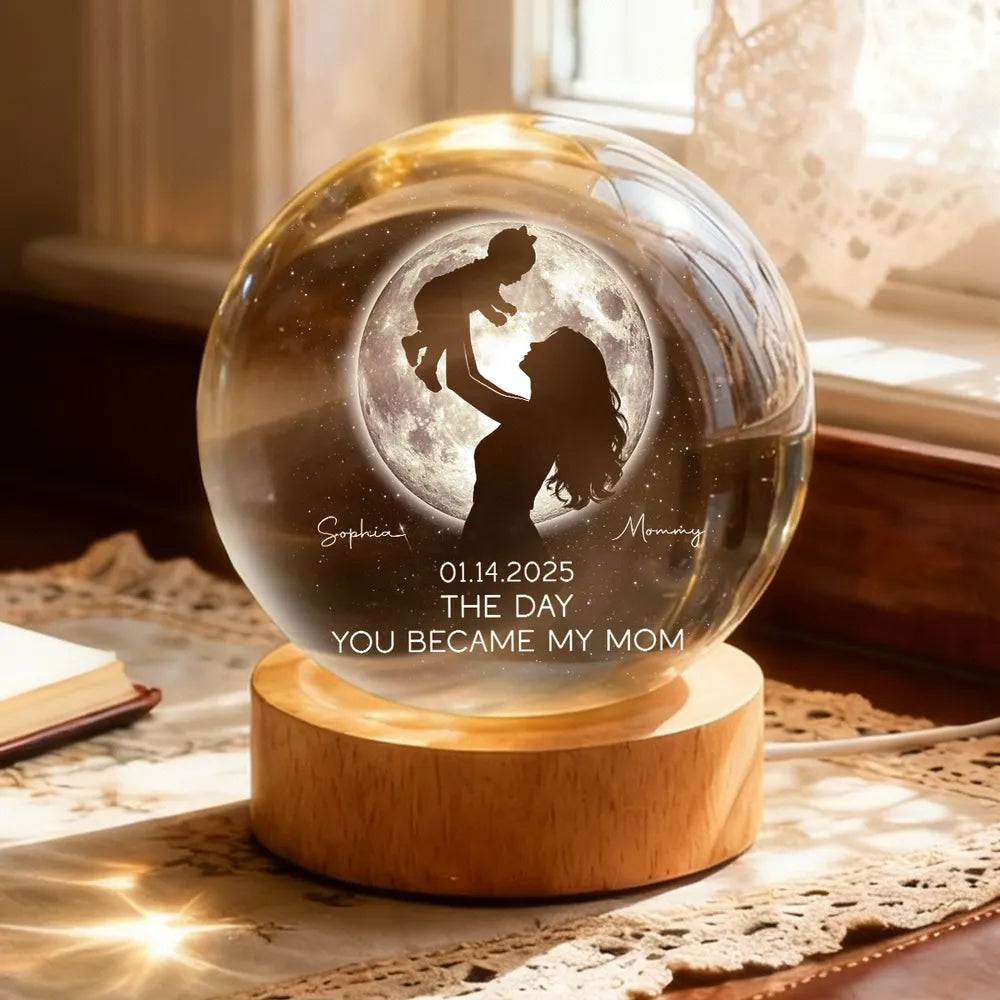Mom Hugging Kid, The Day You Became My Mom Custom Moon Phase by Date - Personalized Crystal Ball LED Night Light - Mother's Day Gift for Mom