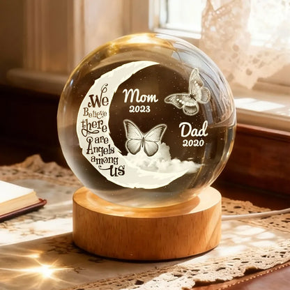 We Believe There're Angels Among Us - Personalized Crystal Ball LED Night Light - Heartfelt Remembrance Memorial Keepsake