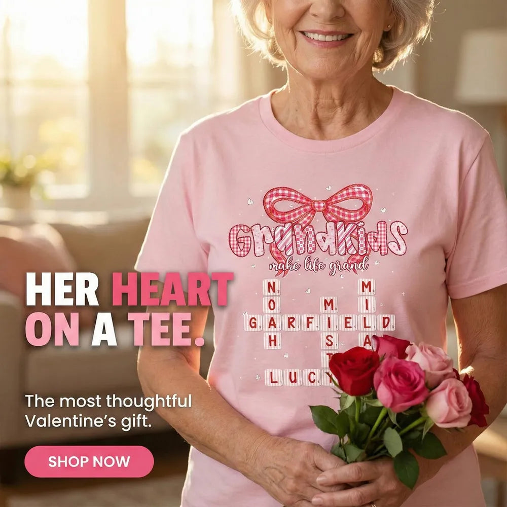 Grandkids Make Life Grand Preppy Valentine Pattern Crossword Puzzle Art - Personalized T-Shirt - Valentine's Day Gift For Grandma