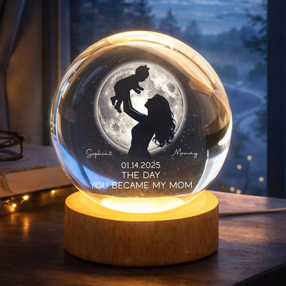 Mom Hugging Kid, The Day You Became My Mom Custom Moon Phase by Date - Personalized Crystal Ball LED Night Light - Mother's Day Gift for Mom