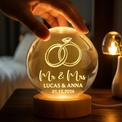 Couple Wedding Rings Interlocked - Personalized Crystal Ball LED Night Light - Heartfelt Valentine's Day Gift for Her, for Him, Wedding Anniversary Gift