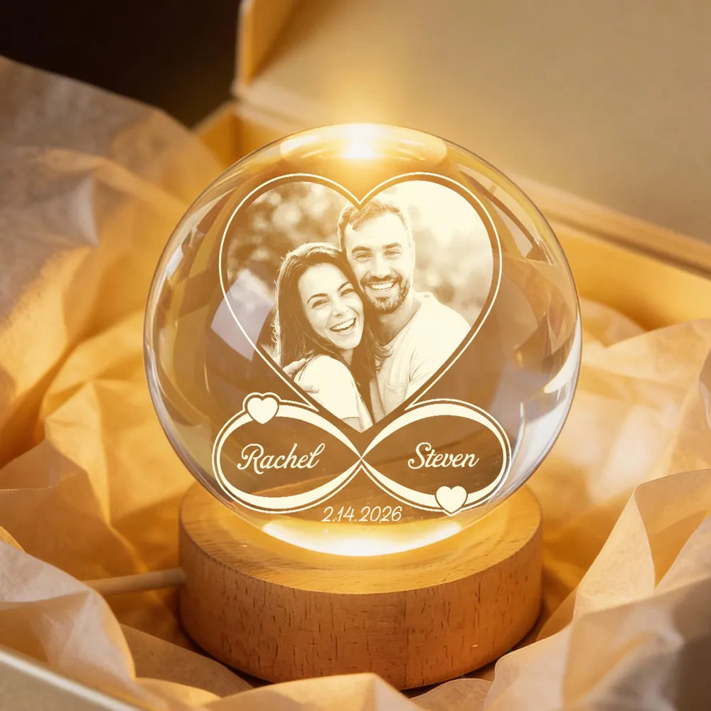 Eternal Love Custom Couple Photo Inside Infinity Heart - Personalized Crystal Ball LED Night Light - Valentine's Day Gift For Couple, For Her, For Him