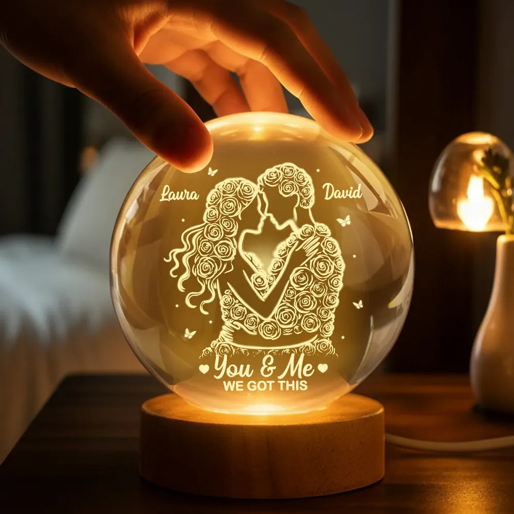 Couple Romantic Roses Love - Personalized Crystal Ball LED Night Light - Sentimental Valentine's Day Gift for Her, for Him