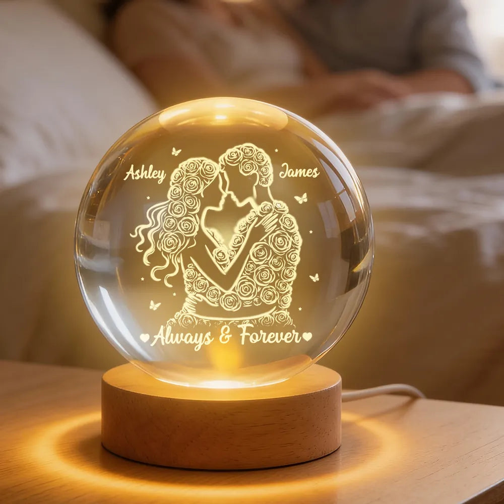 Couple Romantic Roses Love - Personalized Crystal Ball LED Night Light - Sentimental Valentine's Day Gift for Her, for Him