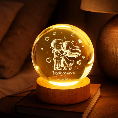 Loving Chibi Couple - Personalized Crystal Ball LED Night Light - Sentimental Valentine's Day Gift for Her, for Him