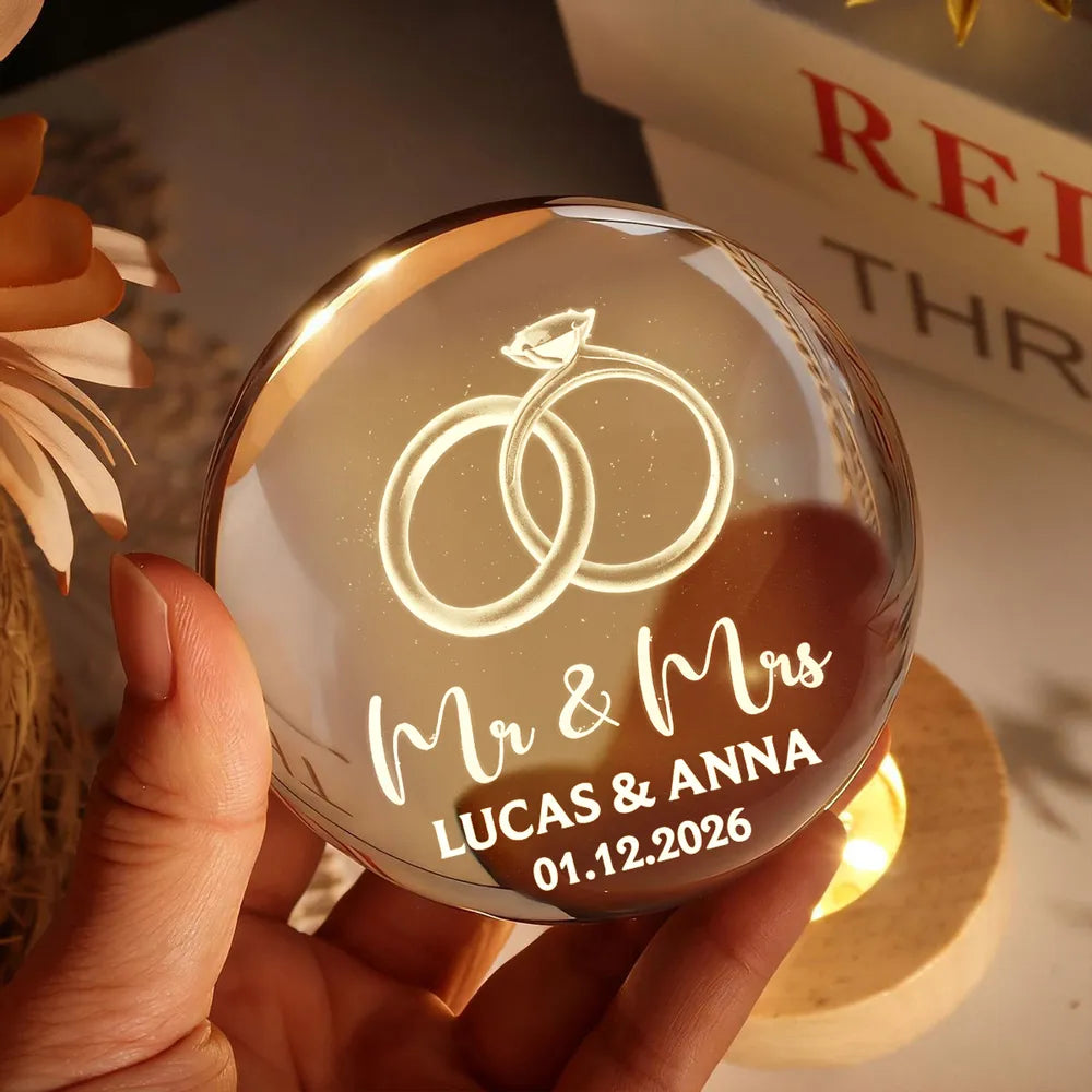 Couple Wedding Rings Interlocked - Personalized Crystal Ball LED Night Light - Heartfelt Valentine's Day Gift for Her, for Him, Wedding Anniversary Gift