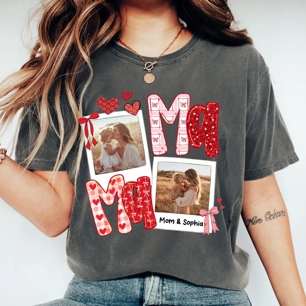Preppy Mama Valentine Glitter Effect Photo - Personalized Women Tee - Heartfelt Gift for Mom