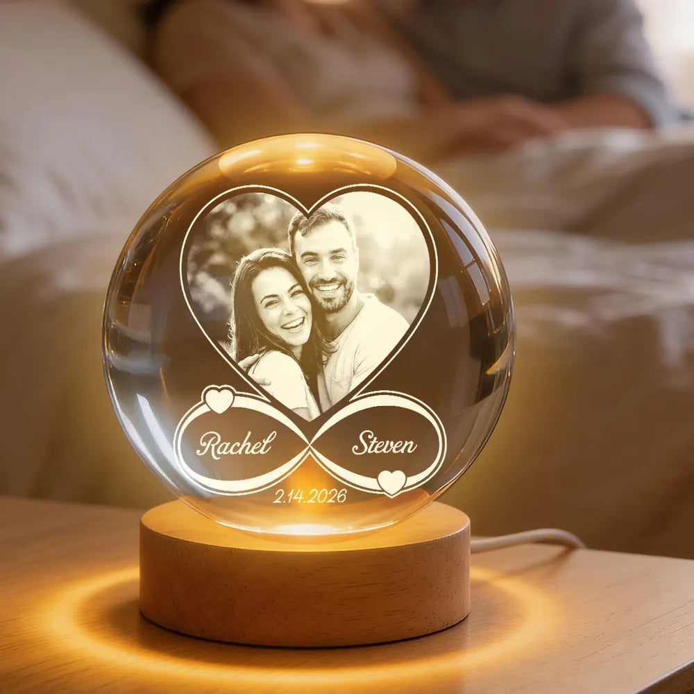 Eternal Love Custom Couple Photo Inside Infinity Heart - Personalized Crystal Ball LED Night Light - Valentine's Day Gift For Couple, For Her, For Him