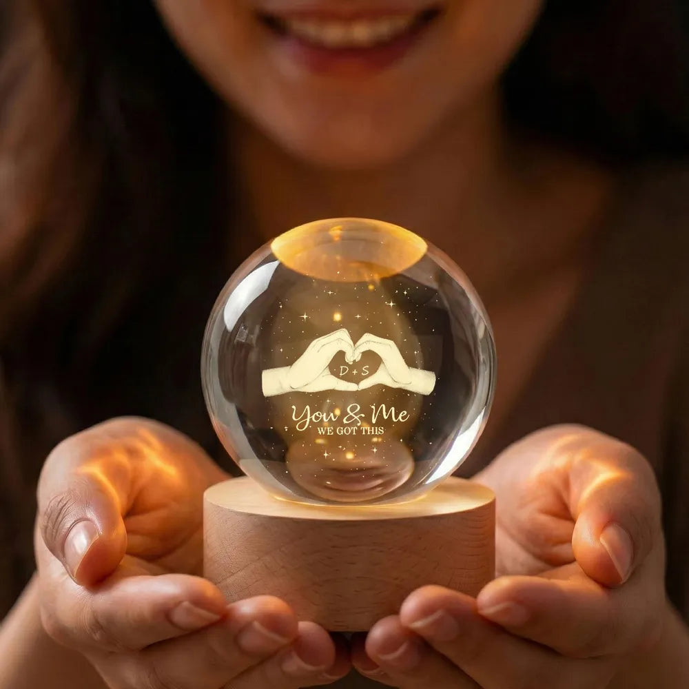 Hearts Hands Couple Initials - Personalized Crystal Ball LED Night Light - Valentine's Day Gift For Couple
