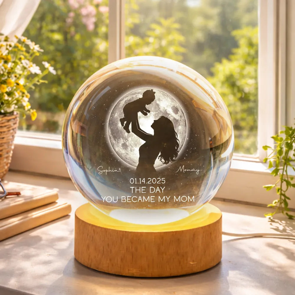 Mom Hugging Kid, The Day You Became My Mom Custom Moon Phase by Date - Personalized Crystal Ball LED Night Light - Mother's Day Gift for Mom