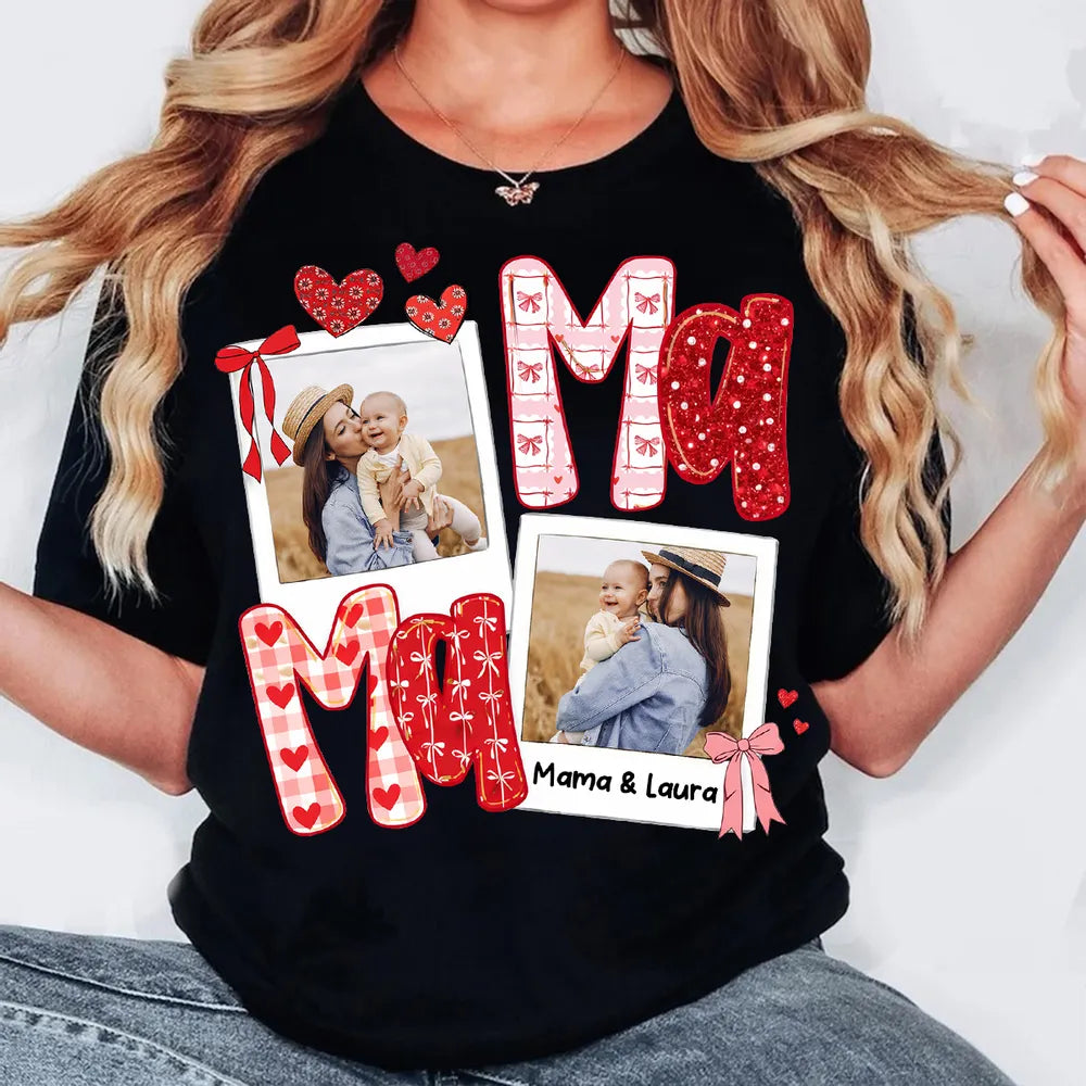 Preppy Mama Valentine Glitter Effect Photo - Personalized Women Tee - Heartfelt Gift for Mom