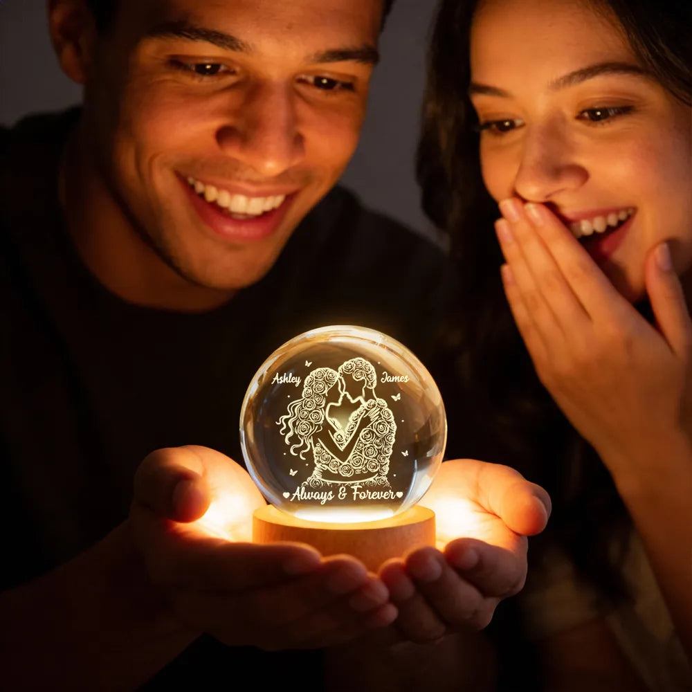 Couple Romantic Roses Love - Personalized Crystal Ball LED Night Light - Sentimental Valentine's Day Gift for Her, for Him