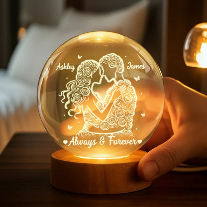 Couple Romantic Roses Love - Personalized Crystal Ball LED Night Light - Sentimental Valentine's Day Gift for Her, for Him