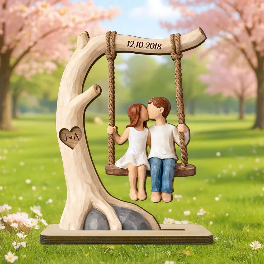 Couple Rustic Love on a Wooden Swing - Personalized 2-Layered Wooden Plaque - Sentimental Anniversary Gift, Valentine's Day Gift for Her, for Him