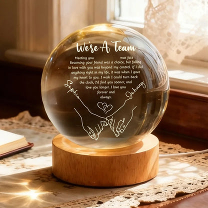 Couple Hands Interlocked We're a Team - Personalized Crystal Ball LED Night Light - Sentimental Valentine's Day Gift for Her, for Him