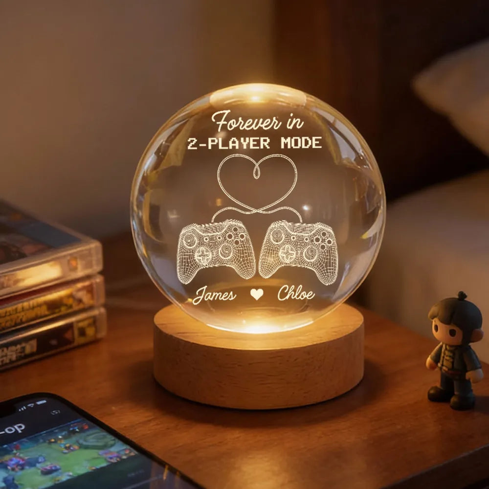 Forever In 2-Player Mode Game Controllers - Personalized Crystal Ball LED Night Light - Gamer Couple Gift