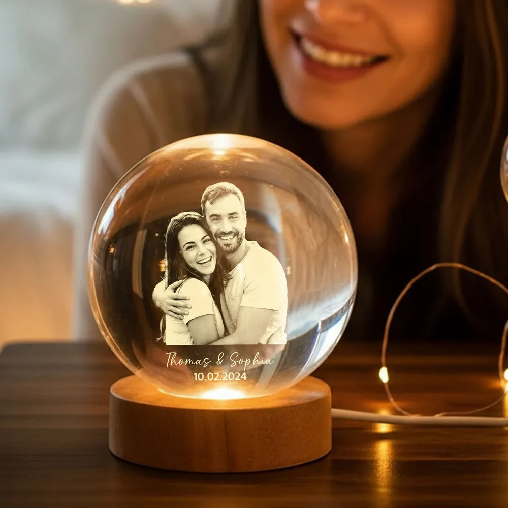 Eternal Love Custom Couple Photo - Personalized Crystal Ball LED Night Light - Valentine's Day Gift For Couple, For Him, For Her