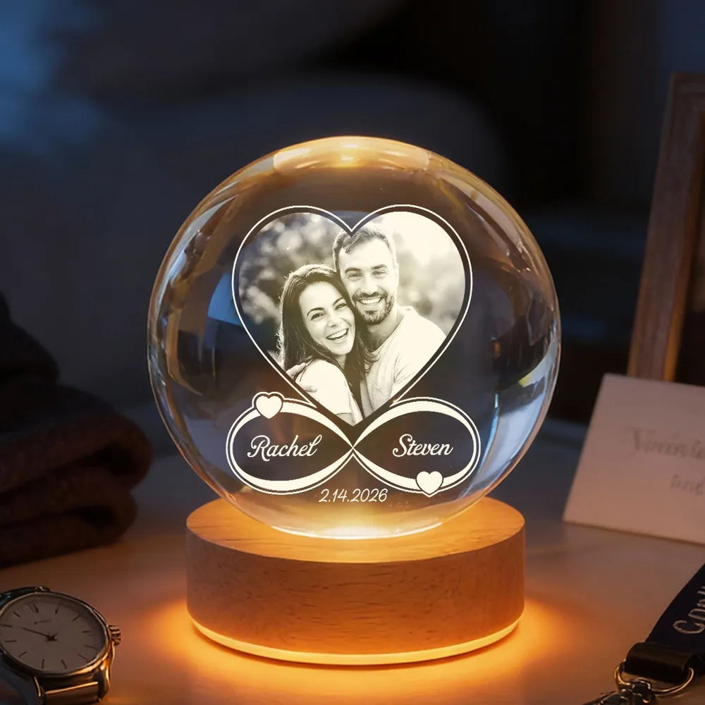 Eternal Love Custom Couple Photo Inside Infinity Heart - Personalized Crystal Ball LED Night Light - Valentine's Day Gift For Couple, For Her, For Him