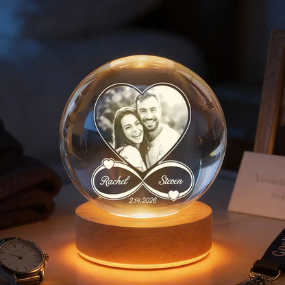 Eternal Love Custom Couple Photo Inside Infinity Heart - Personalized Crystal Ball LED Night Light - Valentine's Day Gift For Couple, For Her, For Him