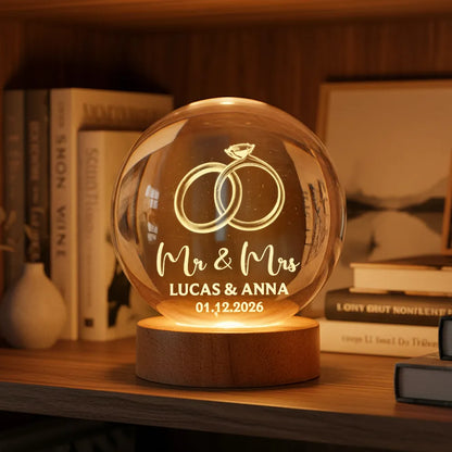 Couple Wedding Rings Interlocked - Personalized Crystal Ball LED Night Light - Heartfelt Valentine's Day Gift for Her, for Him, Wedding Anniversary Gift
