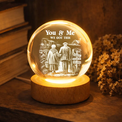 Old Couple Walking Growing Old Together - Personalized Crystal Ball LED Night Light, Heartfelt Valentine's Day Gift For Couple, For Him, For Her