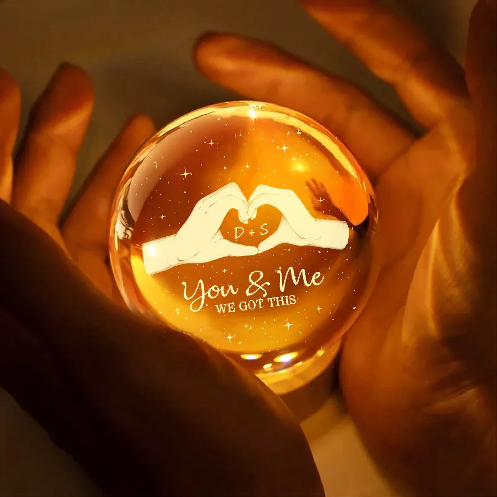 Hearts Hands Couple Initials - Personalized Crystal Ball LED Night Light - Valentine's Day Gift For Couple