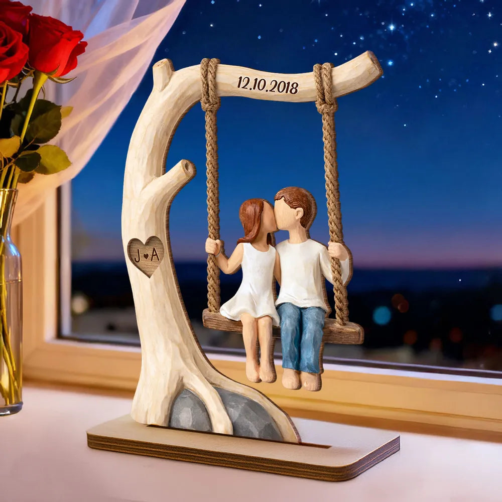Couple Rustic Love on a Wooden Swing - Personalized 2-Layered Wooden Plaque - Sentimental Anniversary Gift, Valentine's Day Gift for Her, for Him
