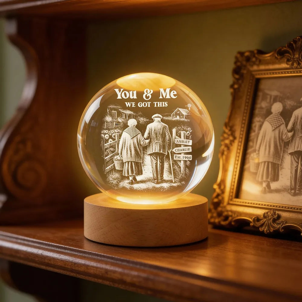 Old Couple Walking Growing Old Together - Personalized Crystal Ball LED Night Light, Heartfelt Valentine's Day Gift For Couple, For Him, For Her