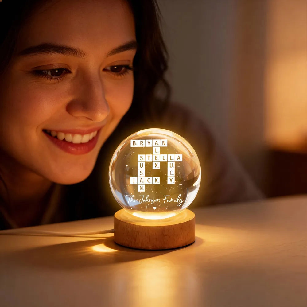The Family Puzzle Crossword Art Home Decor - Personalized Crystal Ball LED Night Light