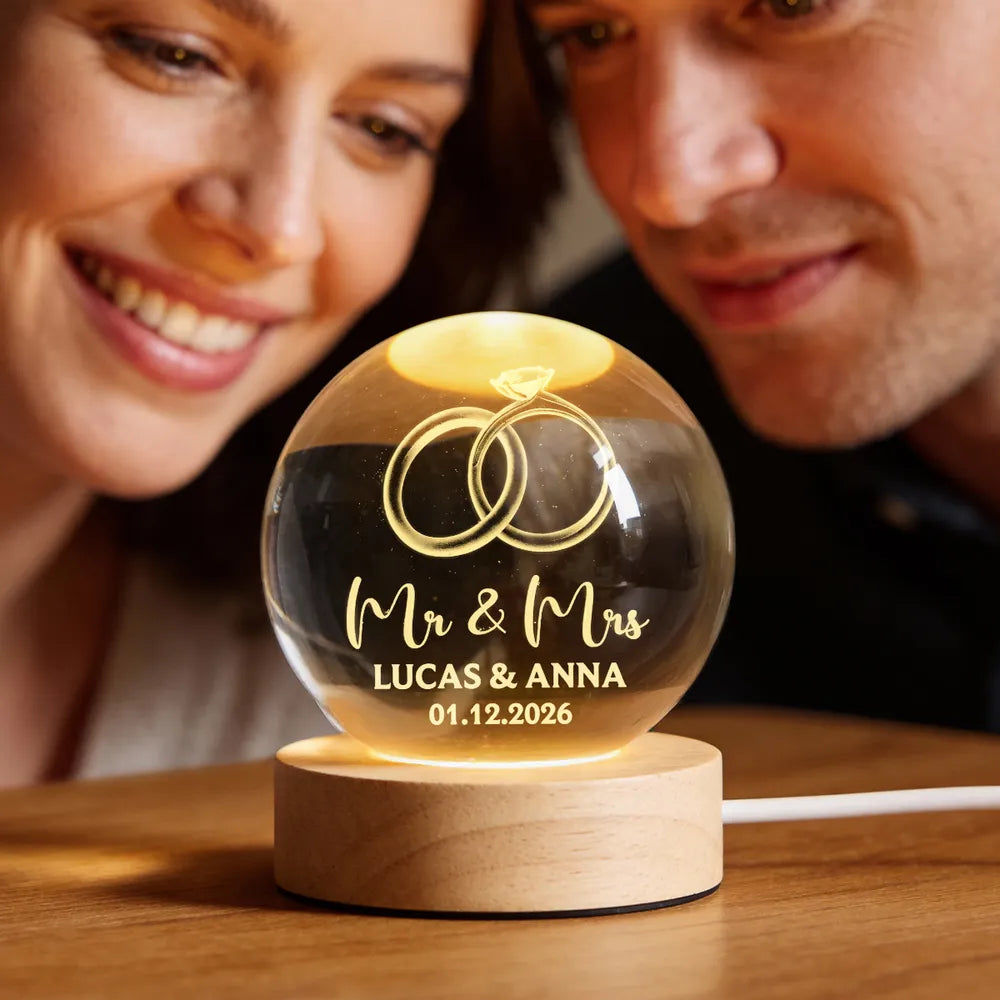 Couple Wedding Rings Interlocked - Personalized Crystal Ball LED Night Light - Heartfelt Valentine's Day Gift for Her, for Him, Wedding Anniversary Gift