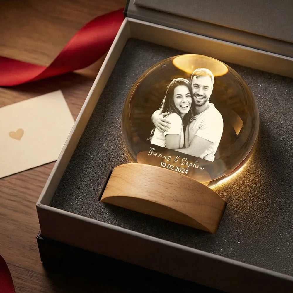 Eternal Love Custom Couple Photo - Personalized Crystal Ball LED Night Light - Valentine's Day Gift For Couple, For Him, For Her