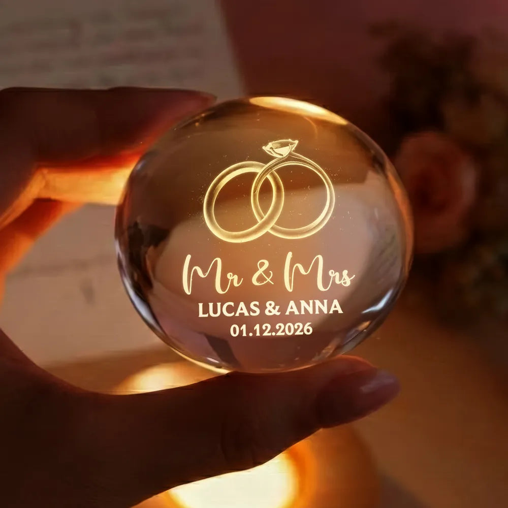 Couple Wedding Rings Interlocked - Personalized Crystal Ball LED Night Light - Heartfelt Valentine's Day Gift for Her, for Him, Wedding Anniversary Gift