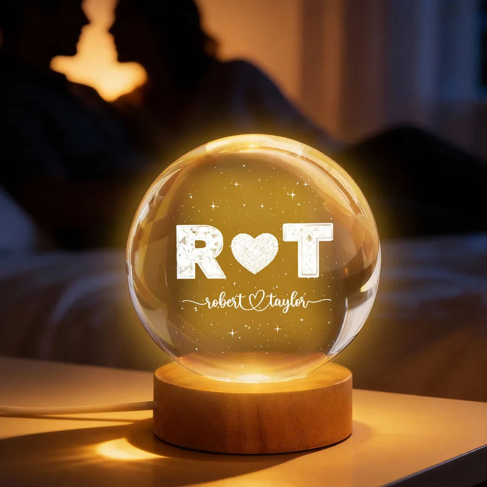Eternal Love Couple Initial Names - Personalized Crystal Ball LED Night Light - Valentine's Day Gift For Couple, For Her, For Him