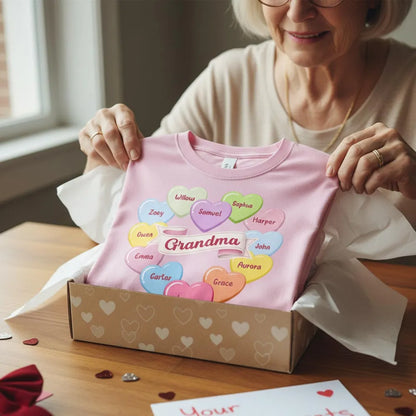 Grandma's Sweethearts Conversation Hearts Grandkids Names Valentine's Day - Personalized Woman Tee